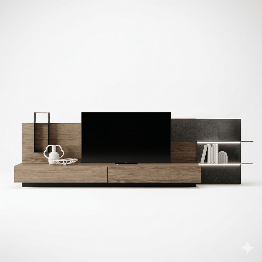 AuroraStone Modern Floating TV Unit with LED Shelf & Wood Media Console