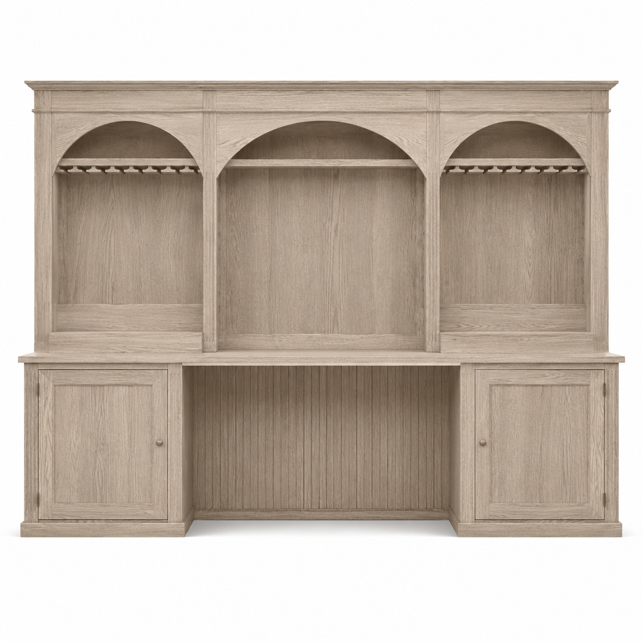 Country solid oak Bandol bar cabinet with arched glass-rack niches, 300 cm wide, front view