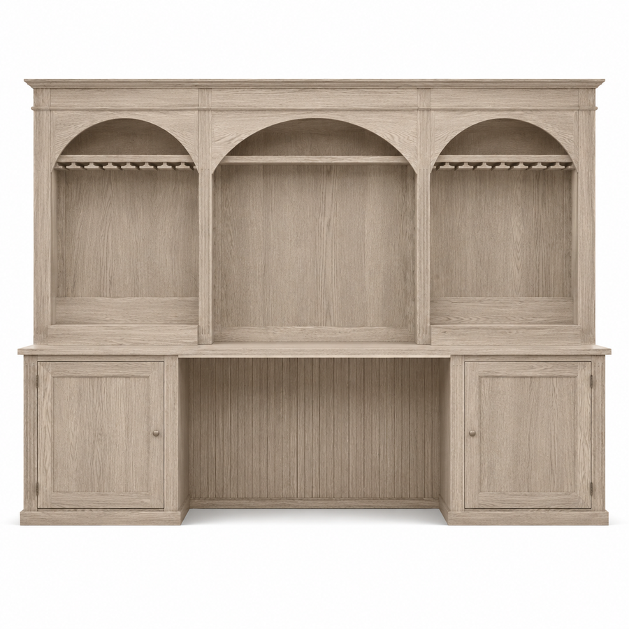 Country solid oak Bandol bar cabinet with arched glass-rack niches, 300 cm wide, front view