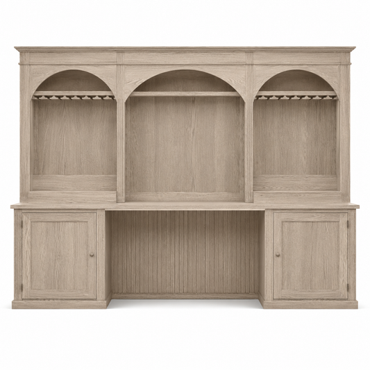 Country solid oak Bandol bar cabinet with arched glass-rack niches, 300 cm wide, front view