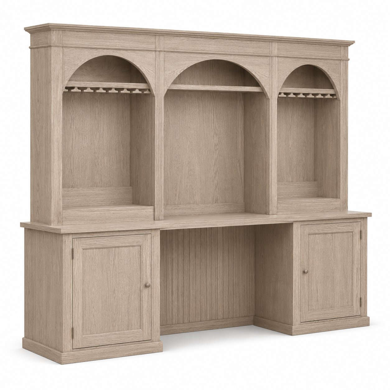 Country solid oak Bandol bar cabinet, three-quarter view showing arched niches and panelled end cabinets