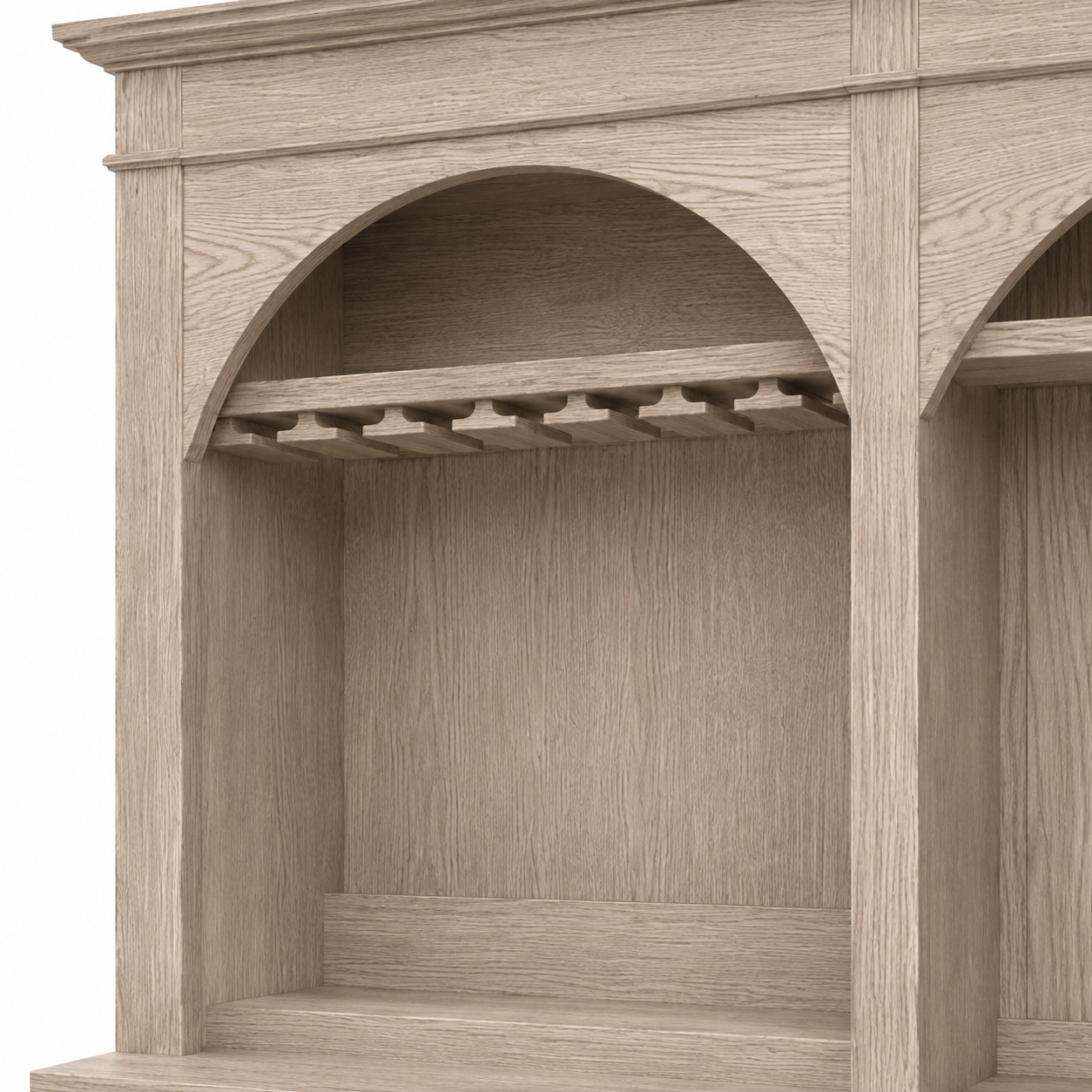 Close-up of the arched stemware rack niche on the country solid oak Bandol bar cabinet