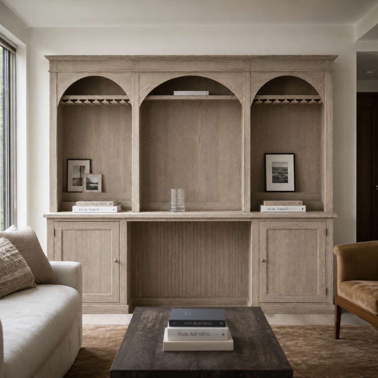 Country solid oak Bandol bar cabinet styled in a living room, 300 cm wide