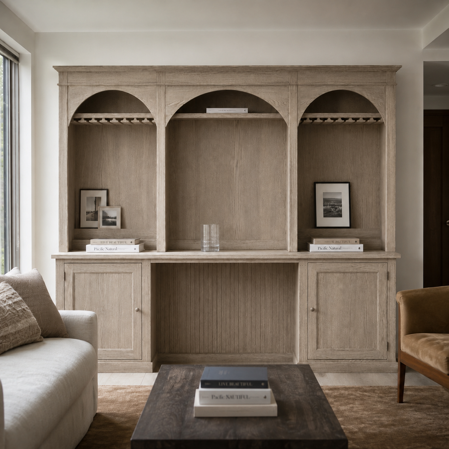 Country solid oak Bandol bar cabinet styled in a living room, 300 cm wide