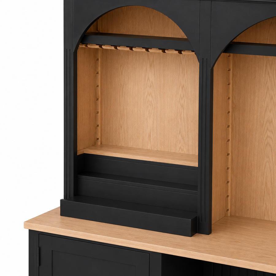 Close-up of the black finish and detailing of the Bandol bar cabinet
