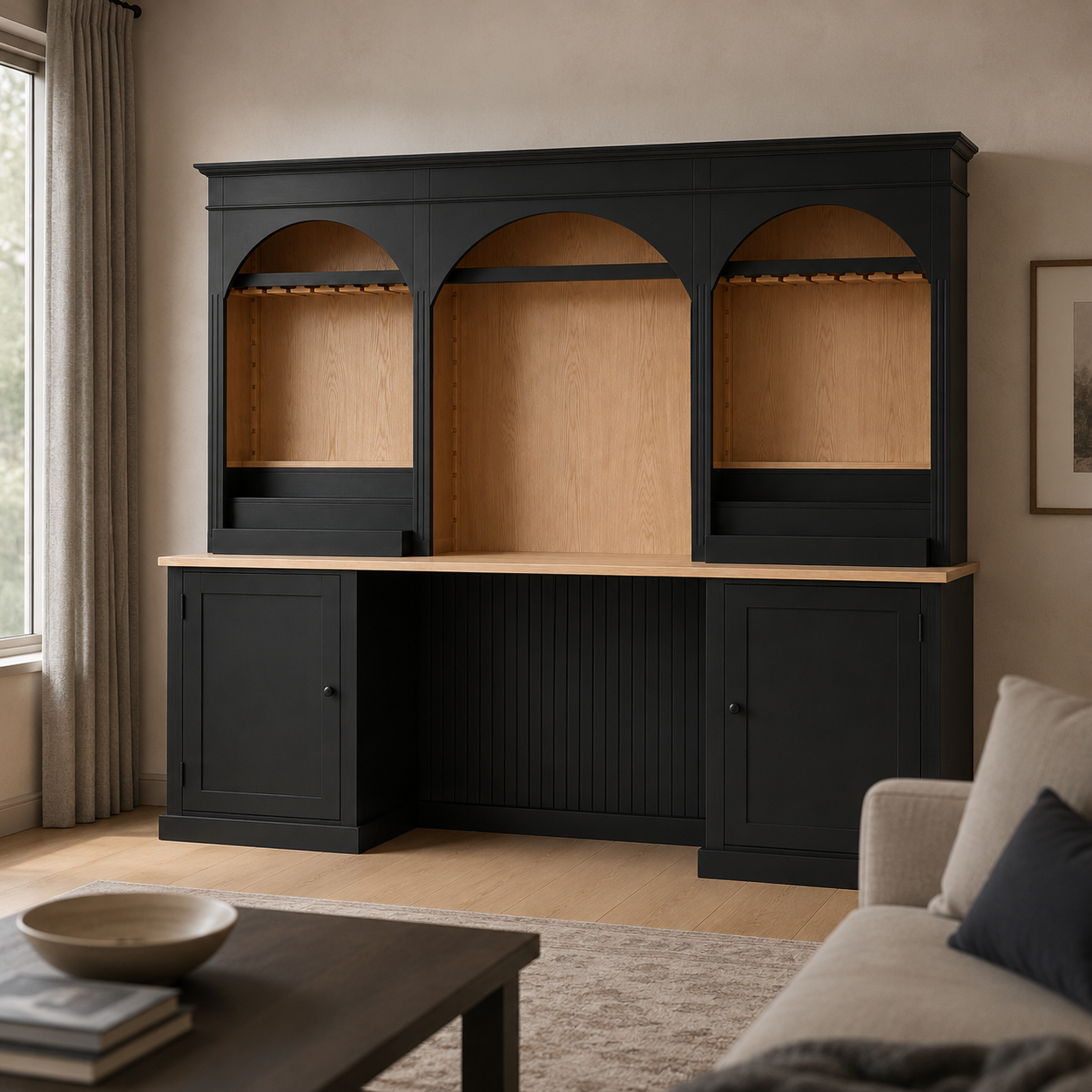 Bandol bar cabinet in black styled in a living room