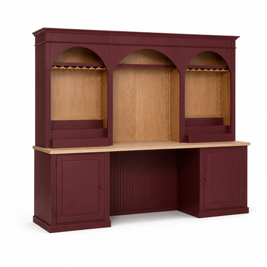 Bandol bar cabinet in bordeaux, three-quarter angle view