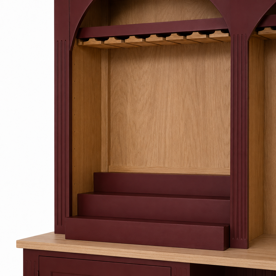 Close-up of the bordeaux finish and detailing of the Bandol bar cabinet