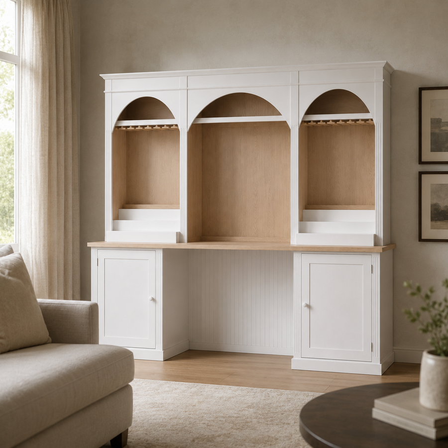 Bandol bar cabinet in white styled in a living room