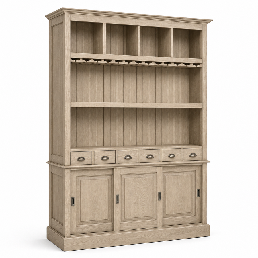 Bergerac bar cabinet in solid oak, three-quarter angle view