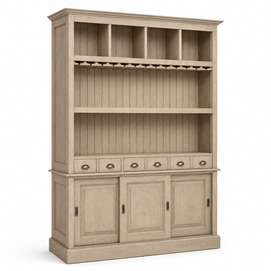 Bergerac bar cabinet in solid oak, three-quarter angle view