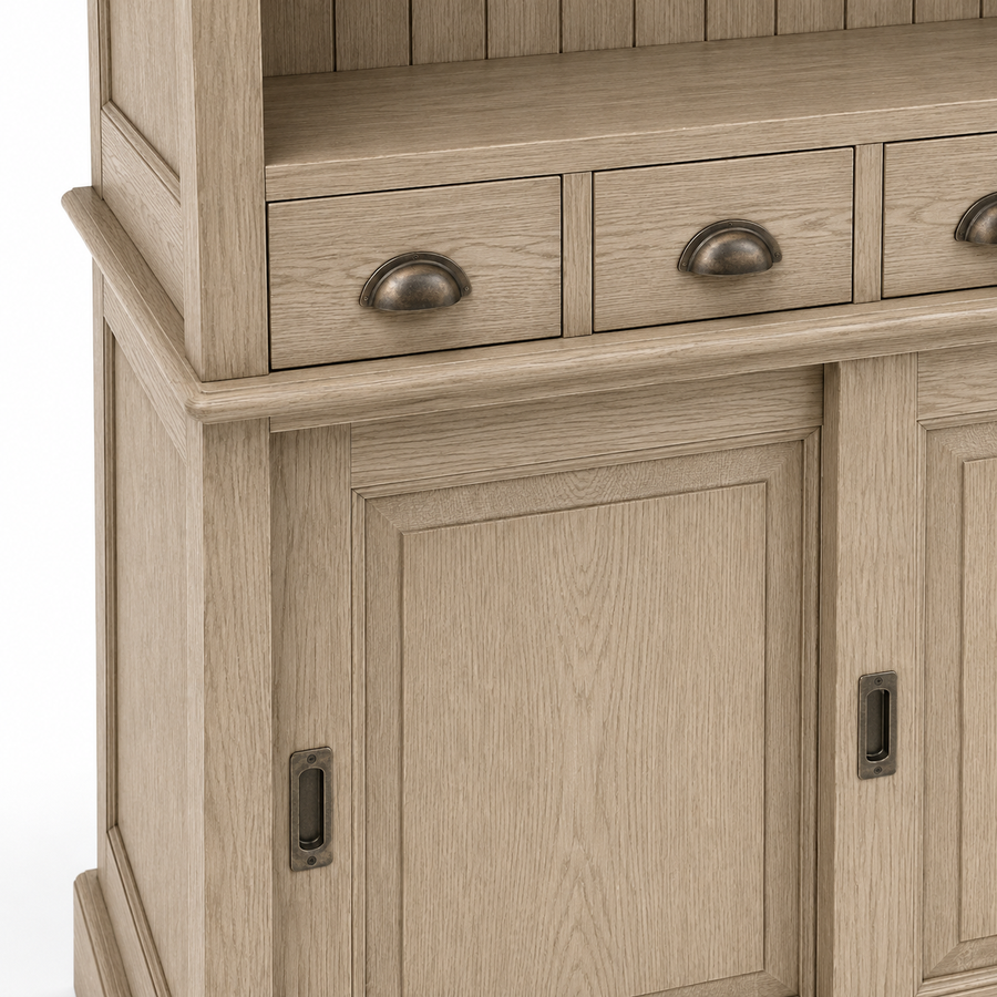 Close-up of the solid oak finish and detailing of the Bergerac bar cabinet