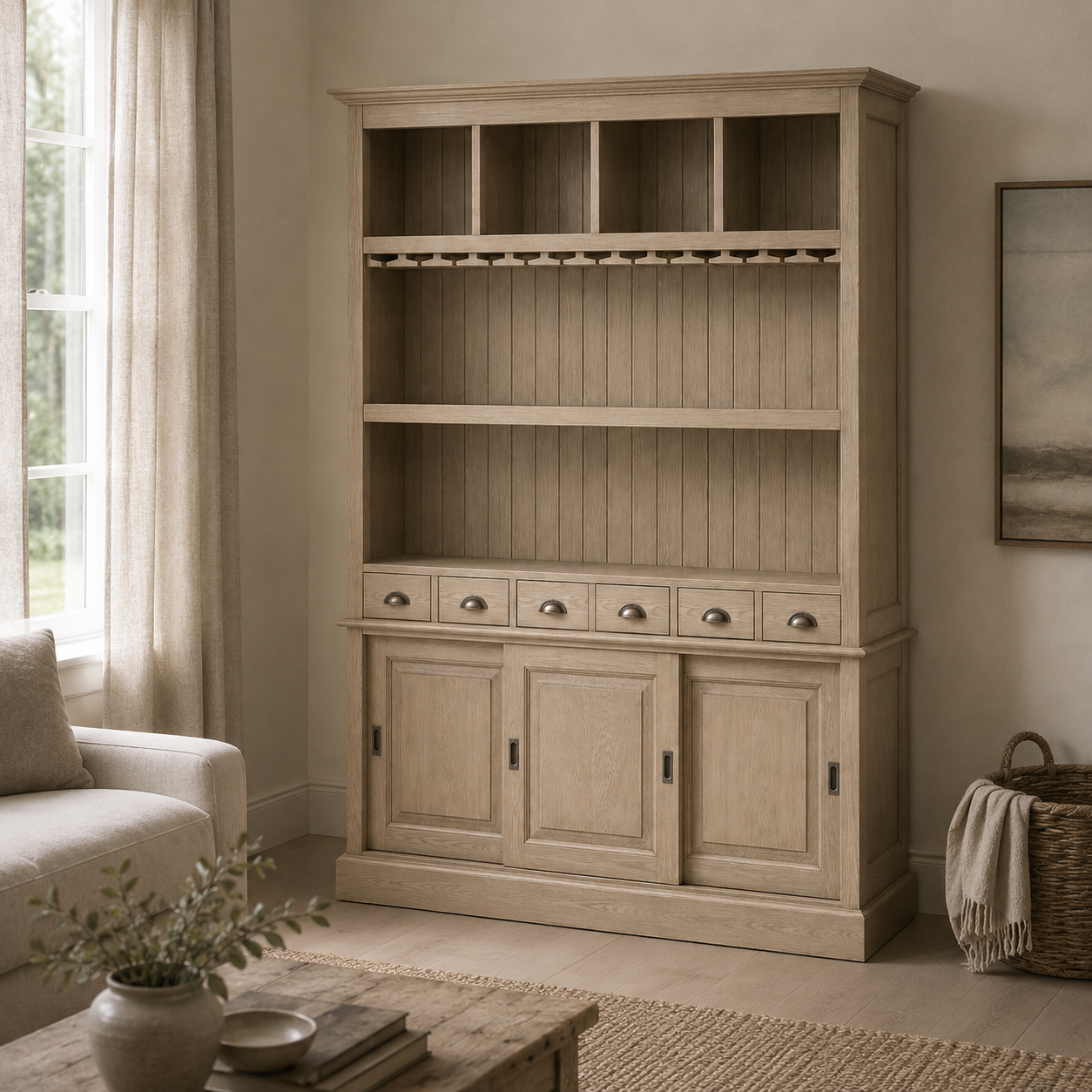 Bergerac bar cabinet in solid oak styled in a living room