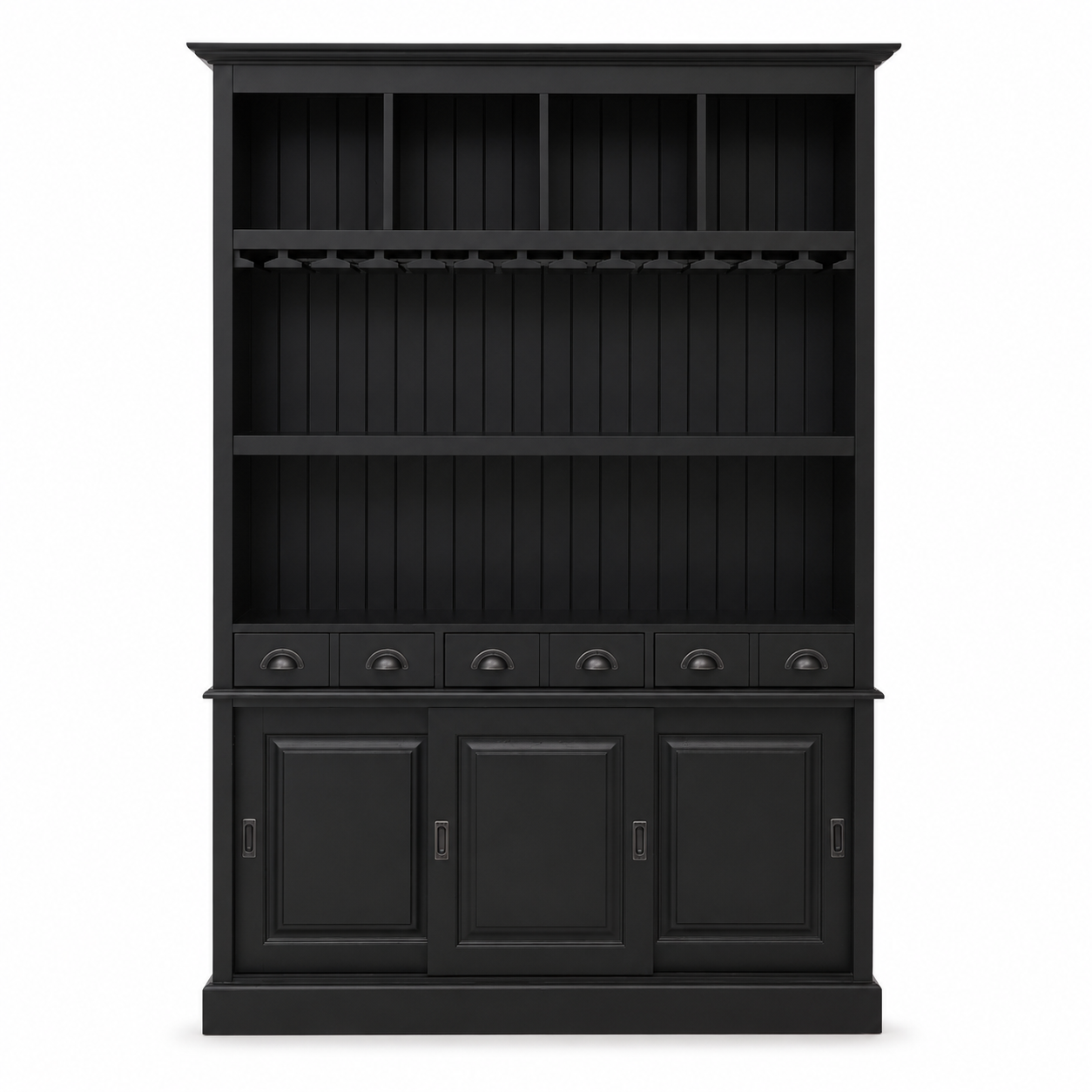 Bergerac bar cabinet in black, front view on white background