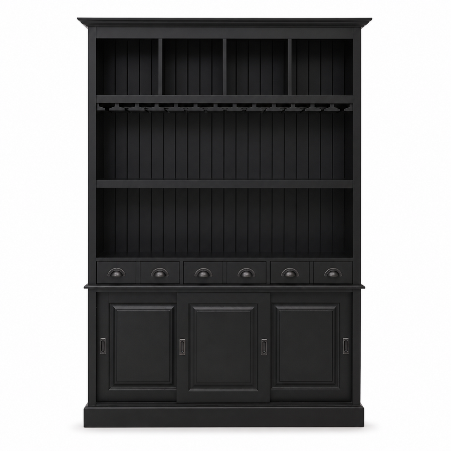 Bergerac bar cabinet in black, front view on white background