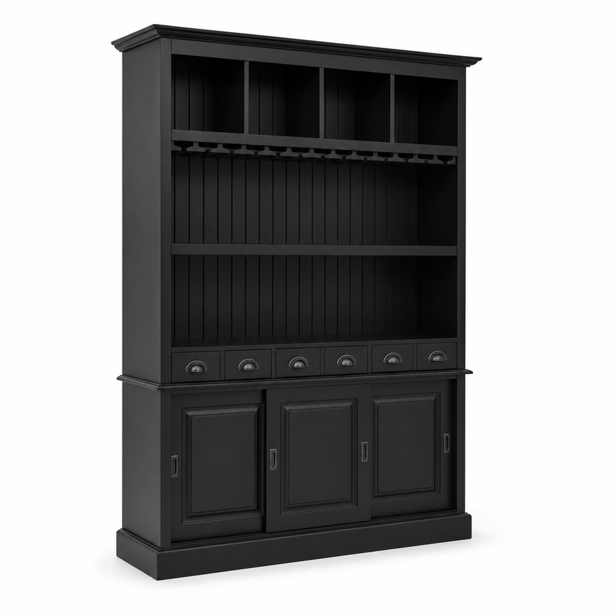 Bergerac bar cabinet in black, three-quarter angle view