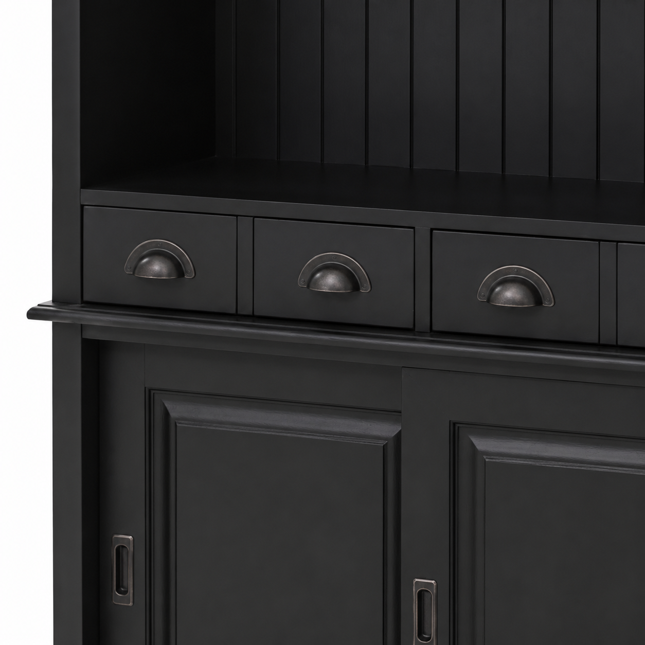 Close-up of the black finish and detailing of the Bergerac bar cabinet