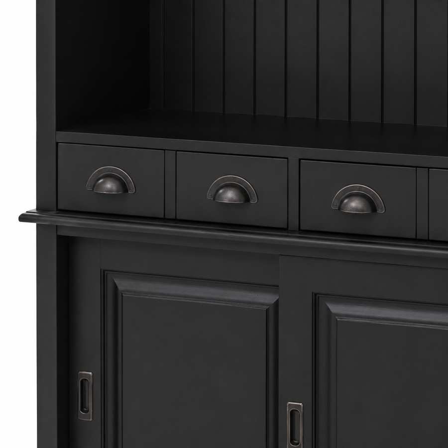 Close-up of the black finish and detailing of the Bergerac bar cabinet