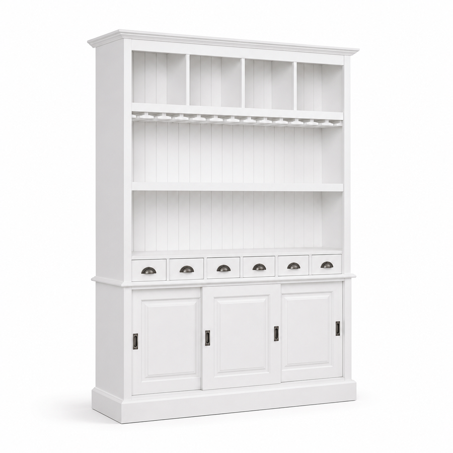 Bergerac bar cabinet in white, three-quarter angle view