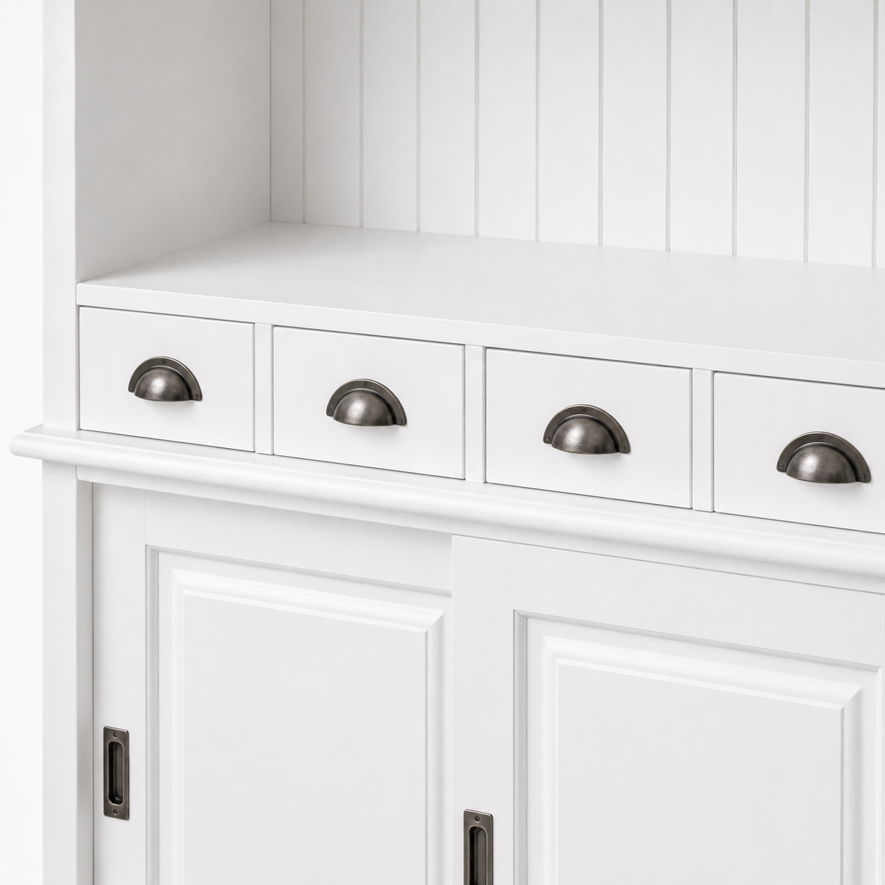 Close-up of the white finish and detailing of the Bergerac bar cabinet