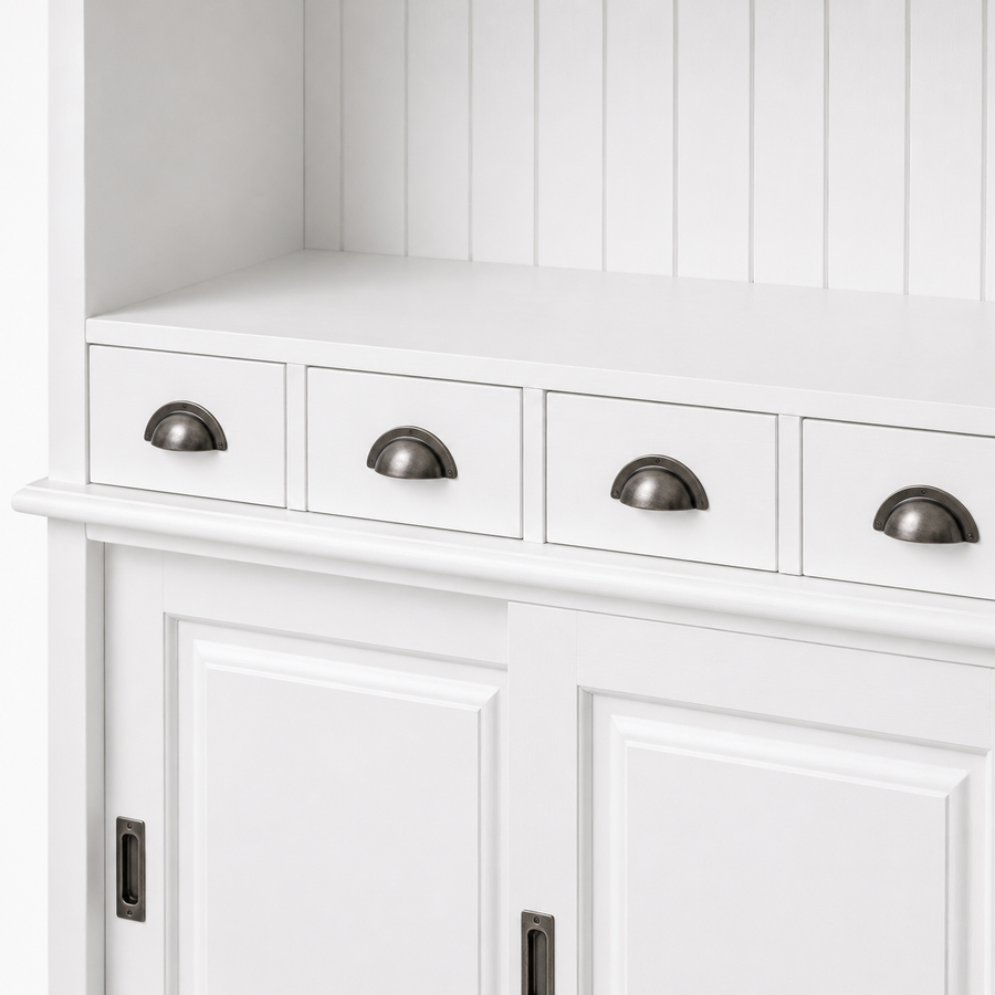 Close-up of the white finish and detailing of the Bergerac bar cabinet