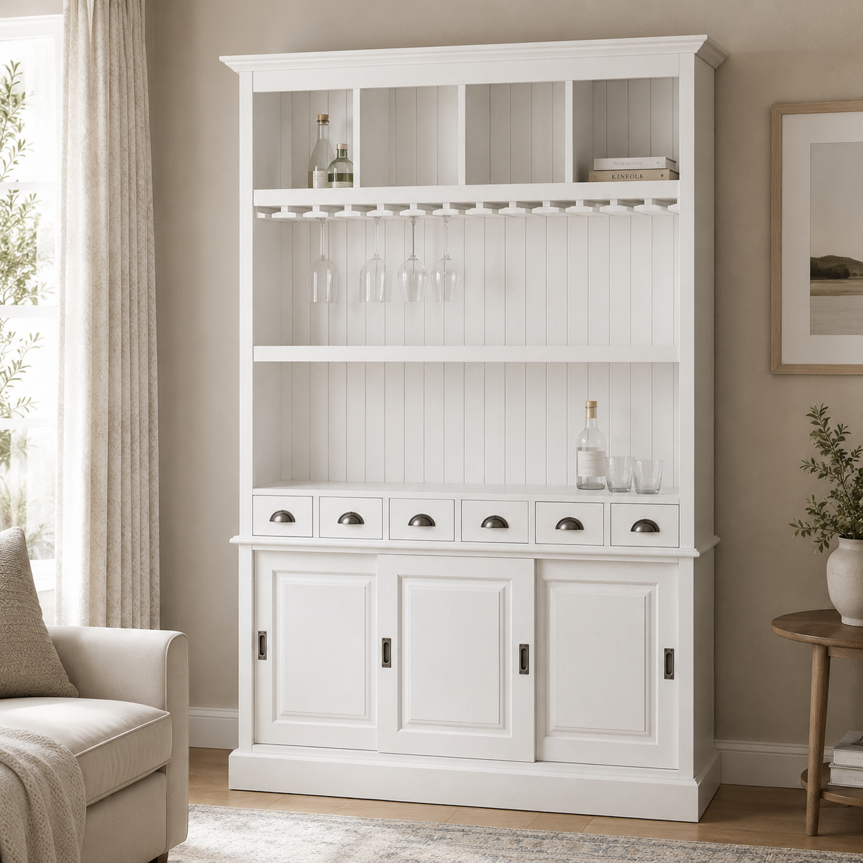 Bergerac bar cabinet in white styled in a living room drinks corner