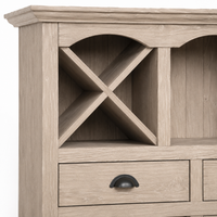 Close-up of the solid oak finish and detailing of the Epernay bar cabinet