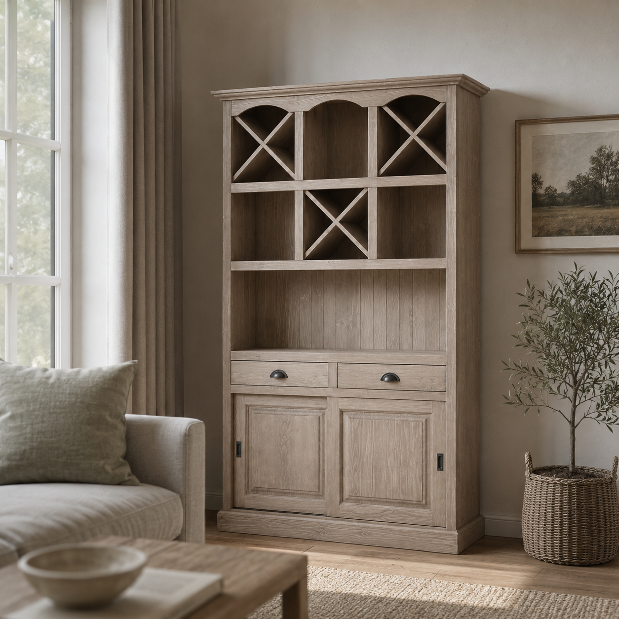 Epernay bar cabinet in solid oak styled in a living room