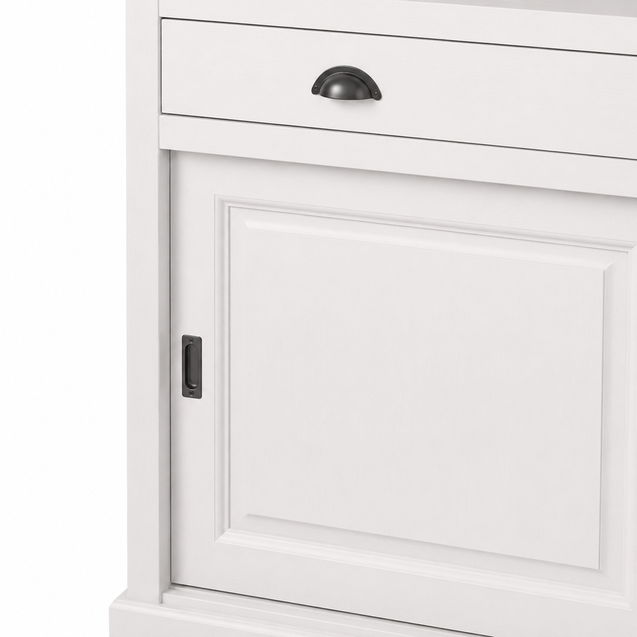 Close-up of the white finish and detailing of the Epernay bar cabinet