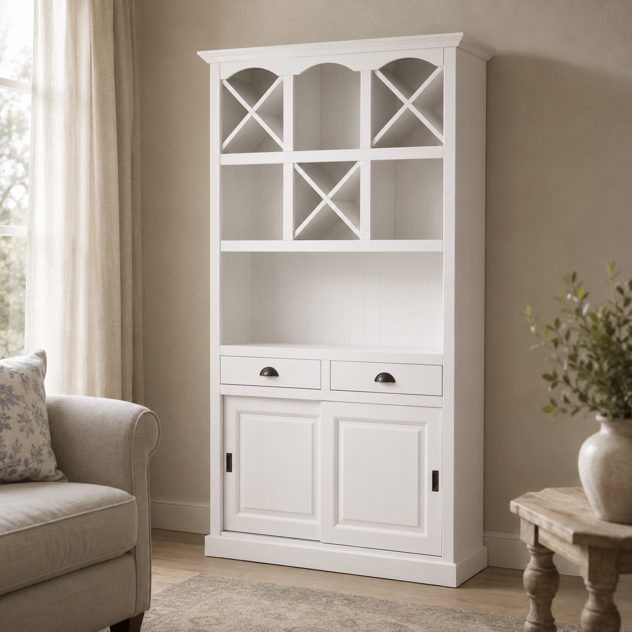 Epernay bar cabinet in white styled in a living room