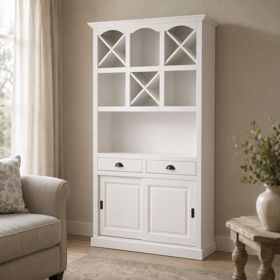 Epernay bar cabinet in white styled in a living room