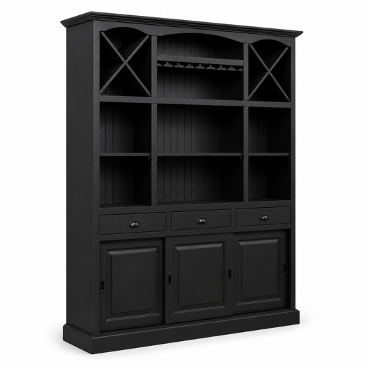 Fronsac bar cabinet in black, three-quarter angle view