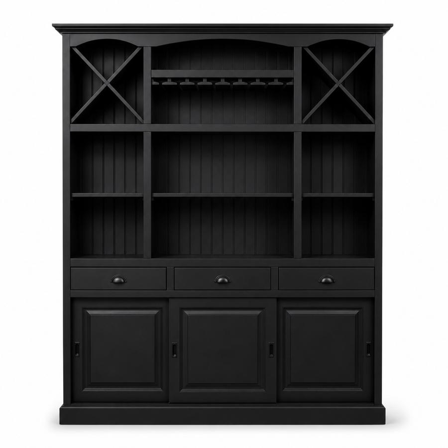 Fronsac bar cabinet in black, front view on white background