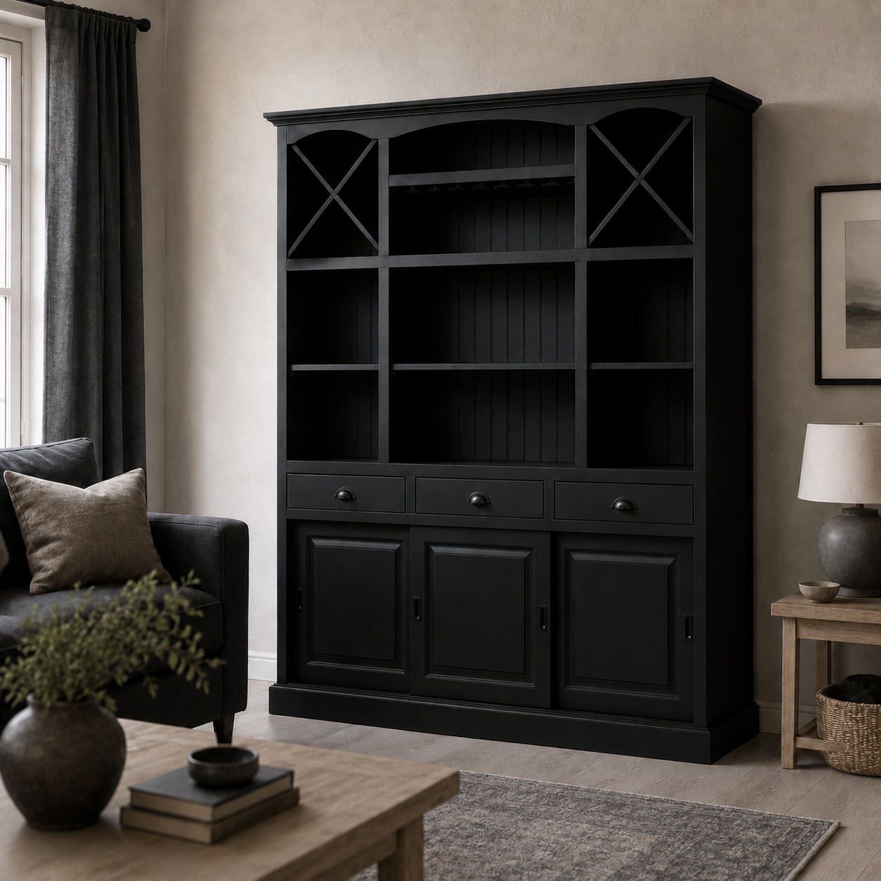Fronsac bar cabinet in black styled in a living room
