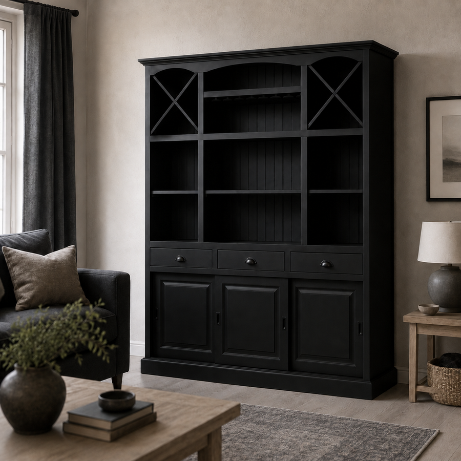 Fronsac bar cabinet in black styled in a living room