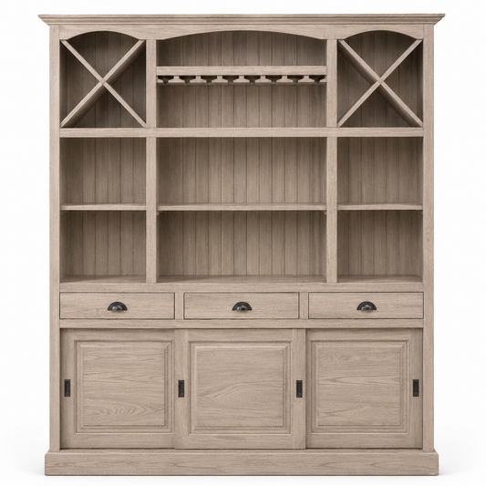 Fronsac bar cabinet in solid oak, front view on white background