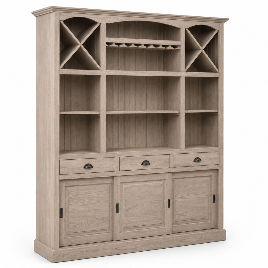 Fronsac bar cabinet in solid oak, three-quarter angle view