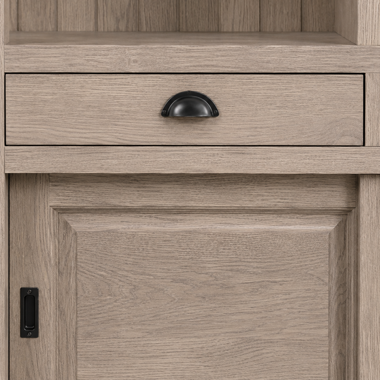 Close-up of the solid oak finish and detailing of the Fronsac bar cabinet