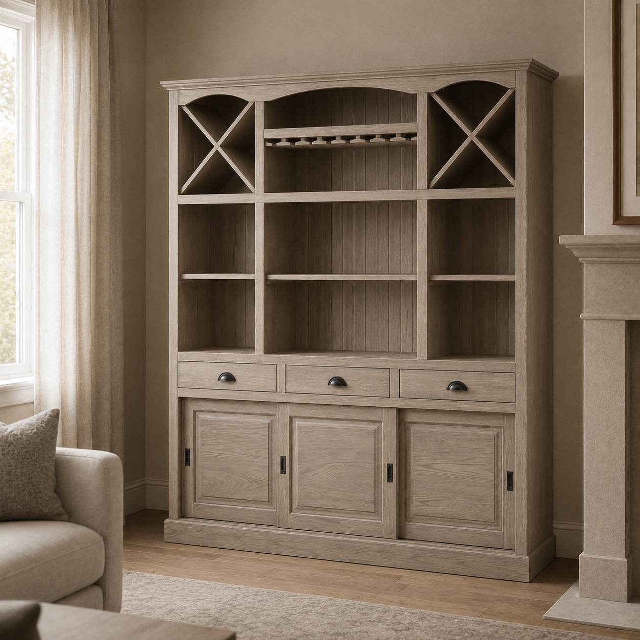Fronsac bar cabinet in solid oak styled in a living room