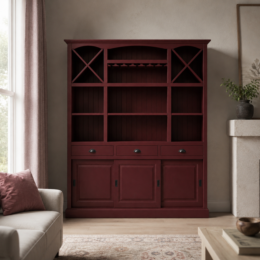 Fronsac bar cabinet in bordeaux styled in a living room