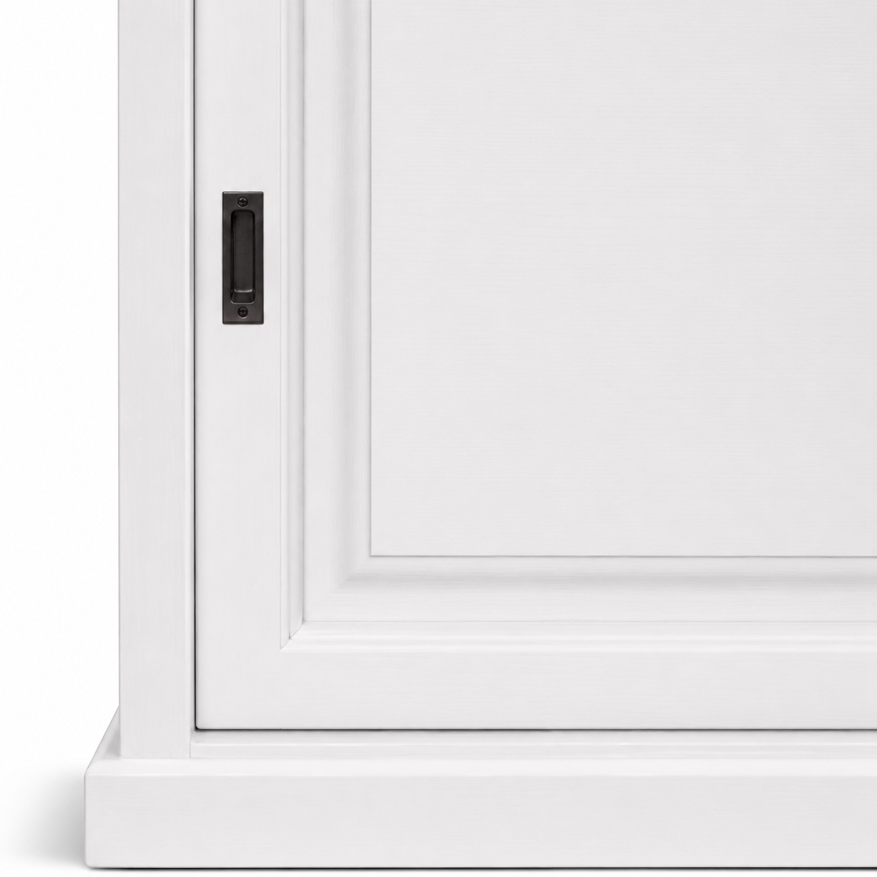 Close-up of the white finish and detailing of the Fronsac bar cabinet