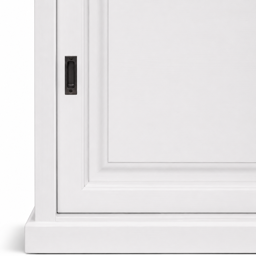 Close-up of the white finish and detailing of the Fronsac bar cabinet