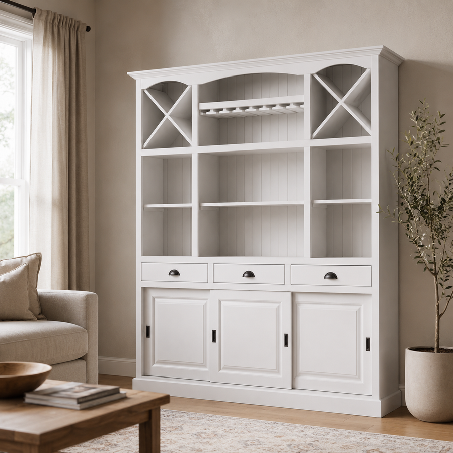 Fronsac bar cabinet in white styled in a living room