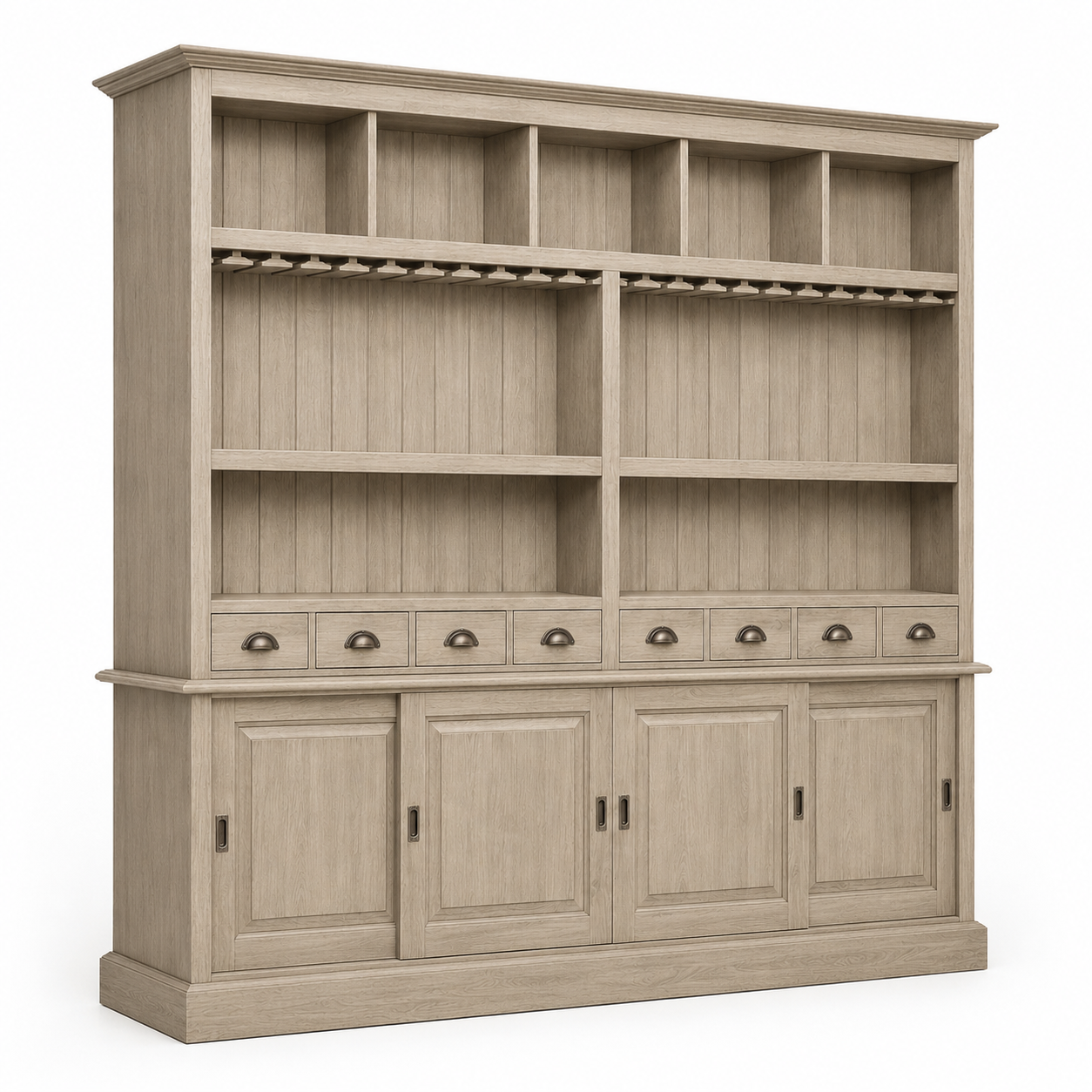 Pauillac bar cabinet in solid oak, three-quarter angle view