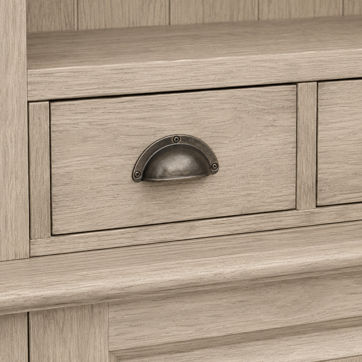 Close-up of the solid oak finish and detailing of the Pauillac bar cabinet