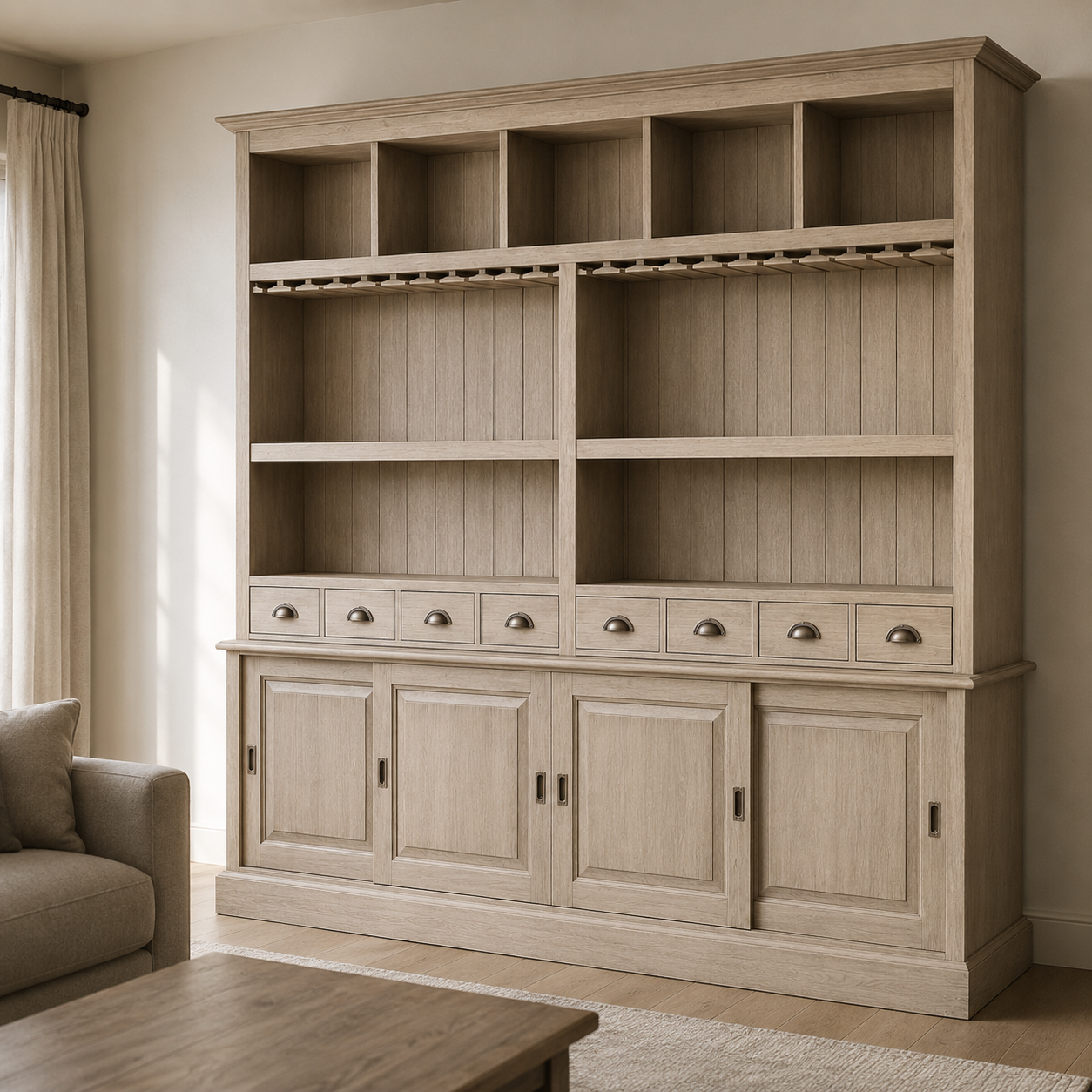 Pauillac bar cabinet in solid oak styled in a living room