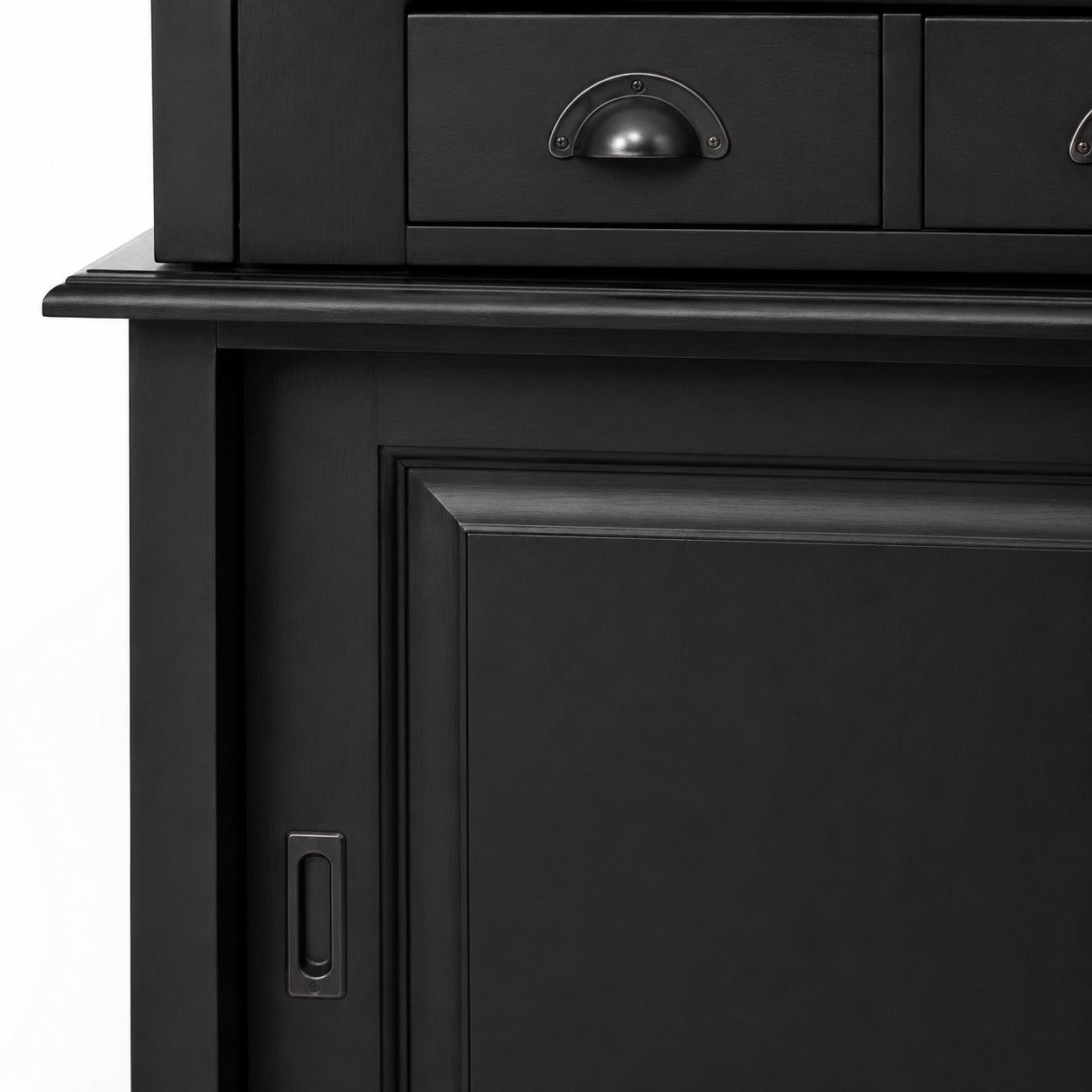 Close-up of the black finish and detailing of the Pauillac bar cabinet