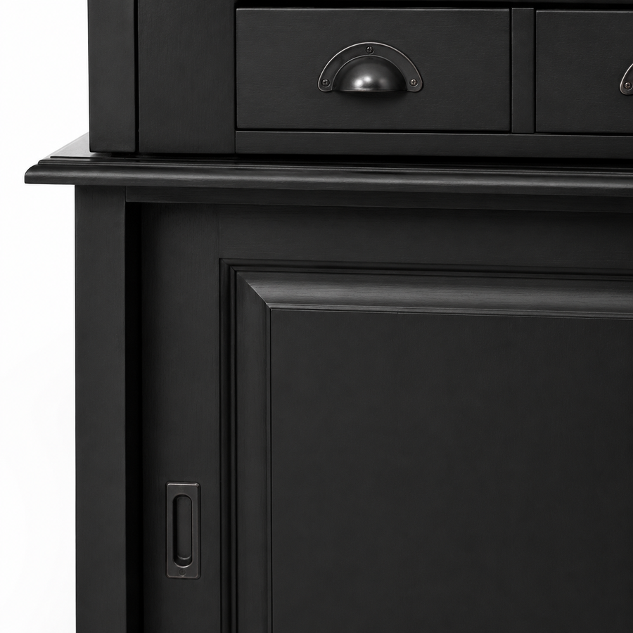Close-up of the black finish and detailing of the Pauillac bar cabinet