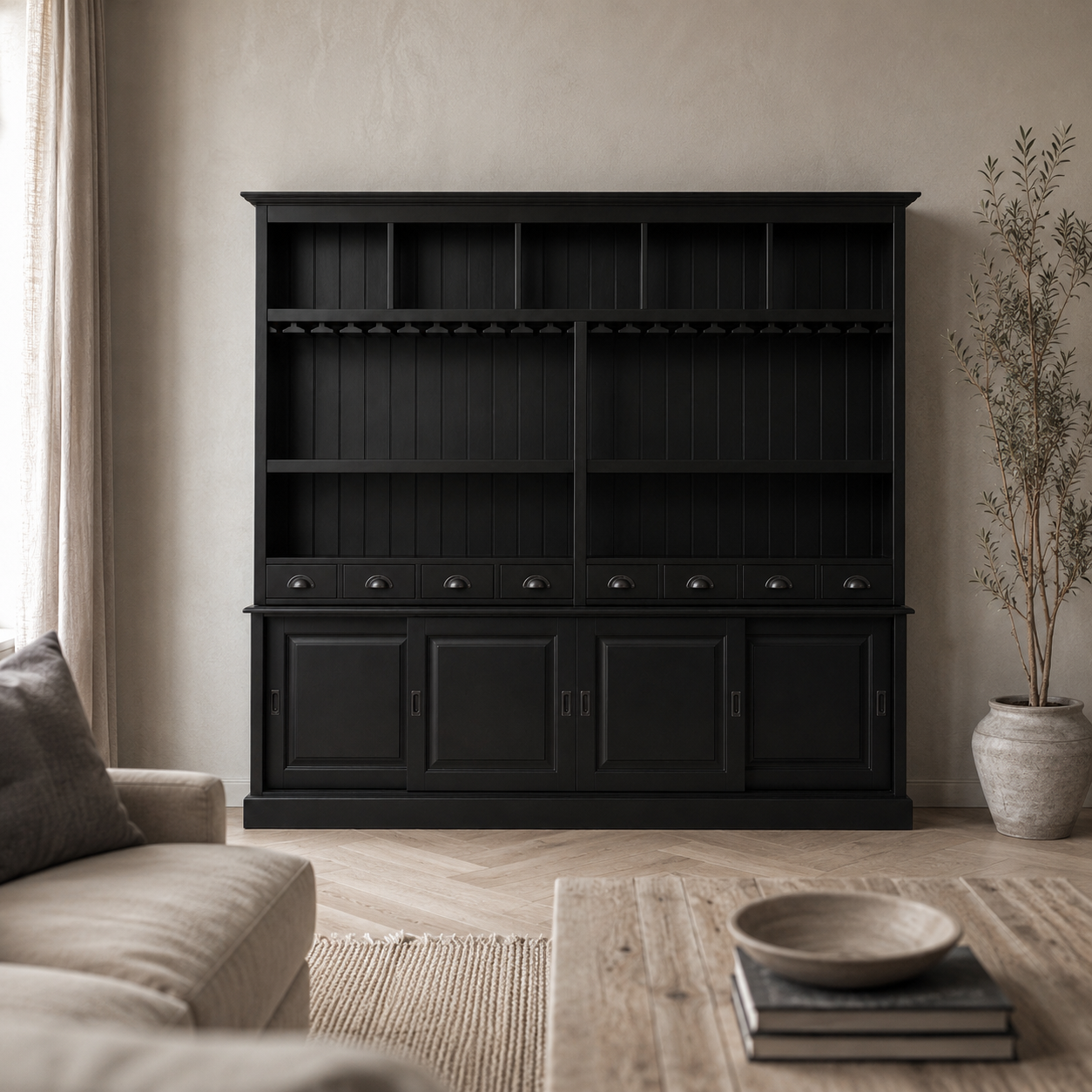 Pauillac bar cabinet in black styled in a living room