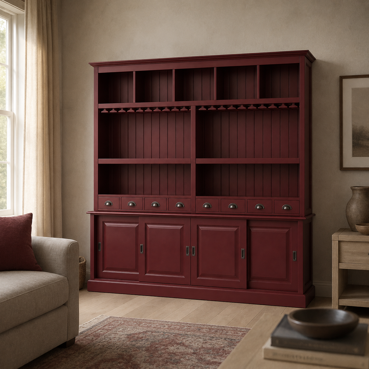 Pauillac bar cabinet in bordeaux styled in a living room